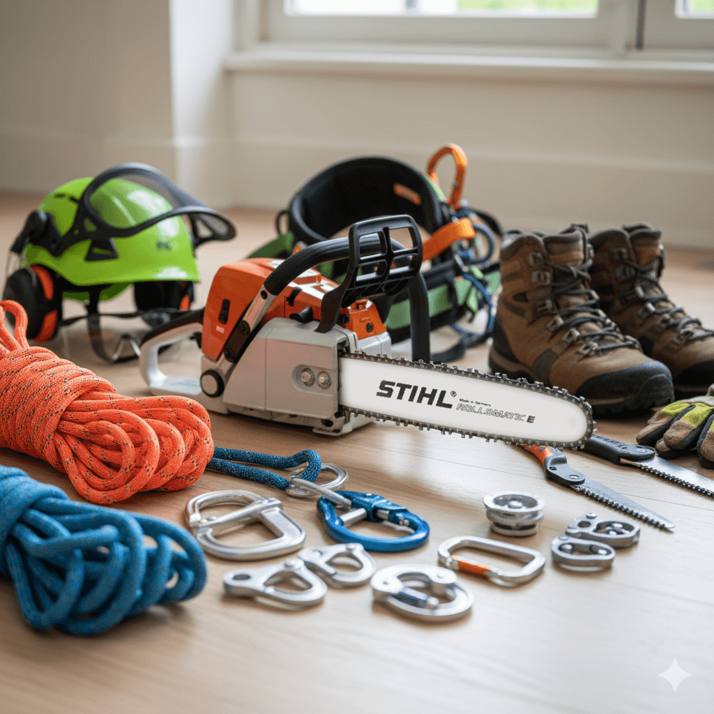 Professional tree care equipment like chainsaws, chippers, and safety gear