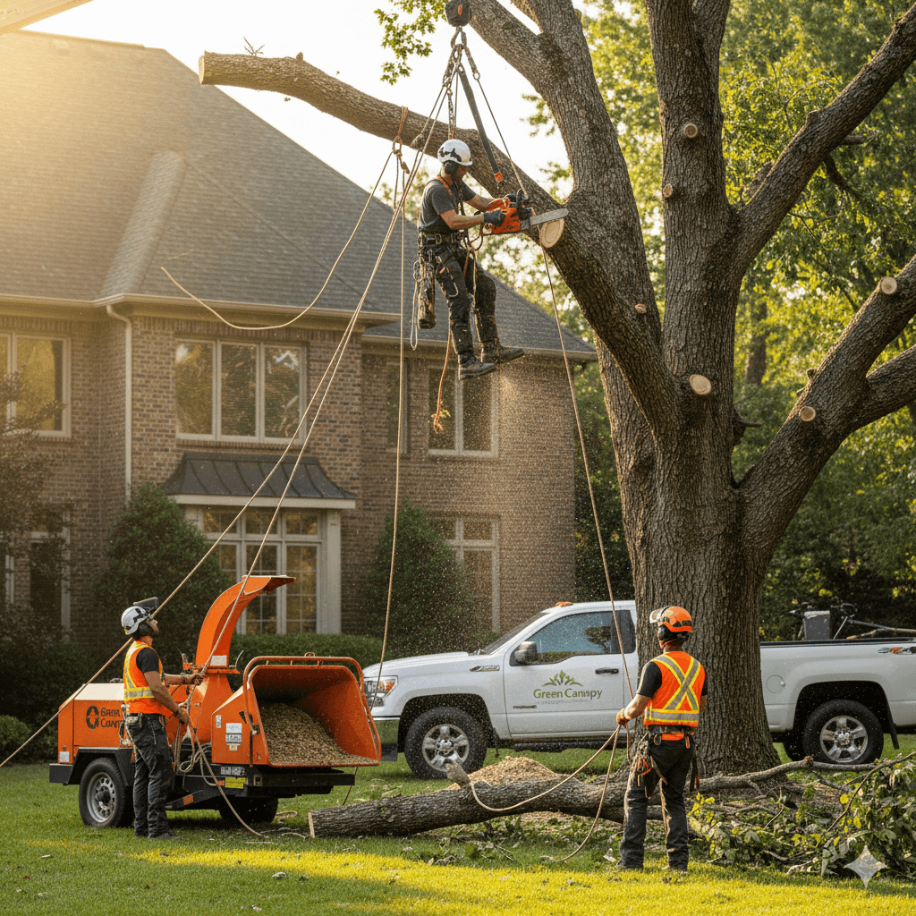 Arborist safely removing a tree using ropes and rigging near a residential house.